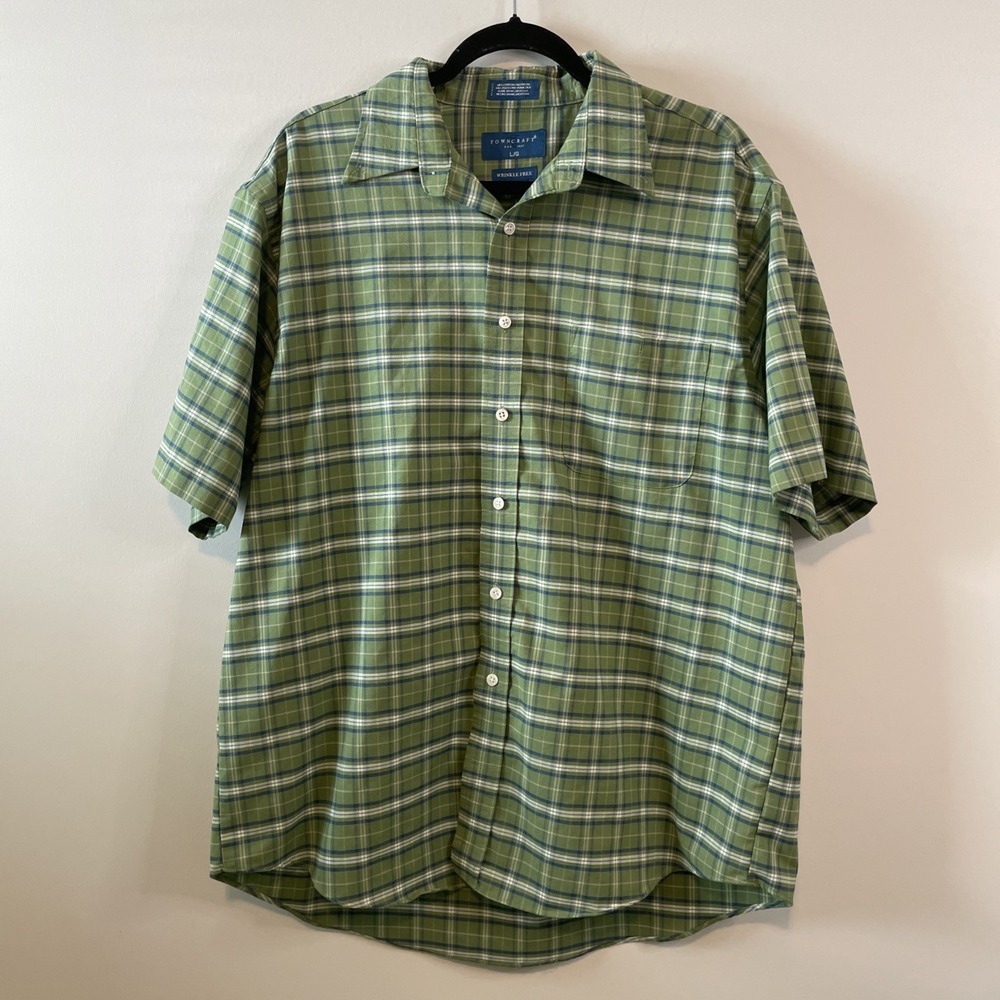 Towncraft Men's Large Green Plaid Short Sleeve Button Shirt Wrinkle Free VTG